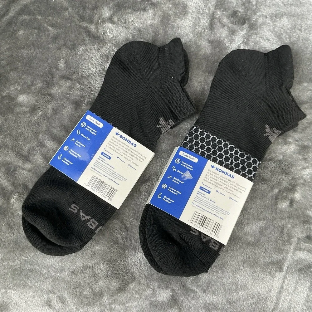 2 Pairs Bombas Unisex XL Ankle Socks Fits Up To Size 16 Black Honeycomb Pattern